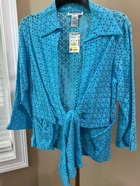 Misnca Eyelet Tie-Front Jacket in Bright Turquoise